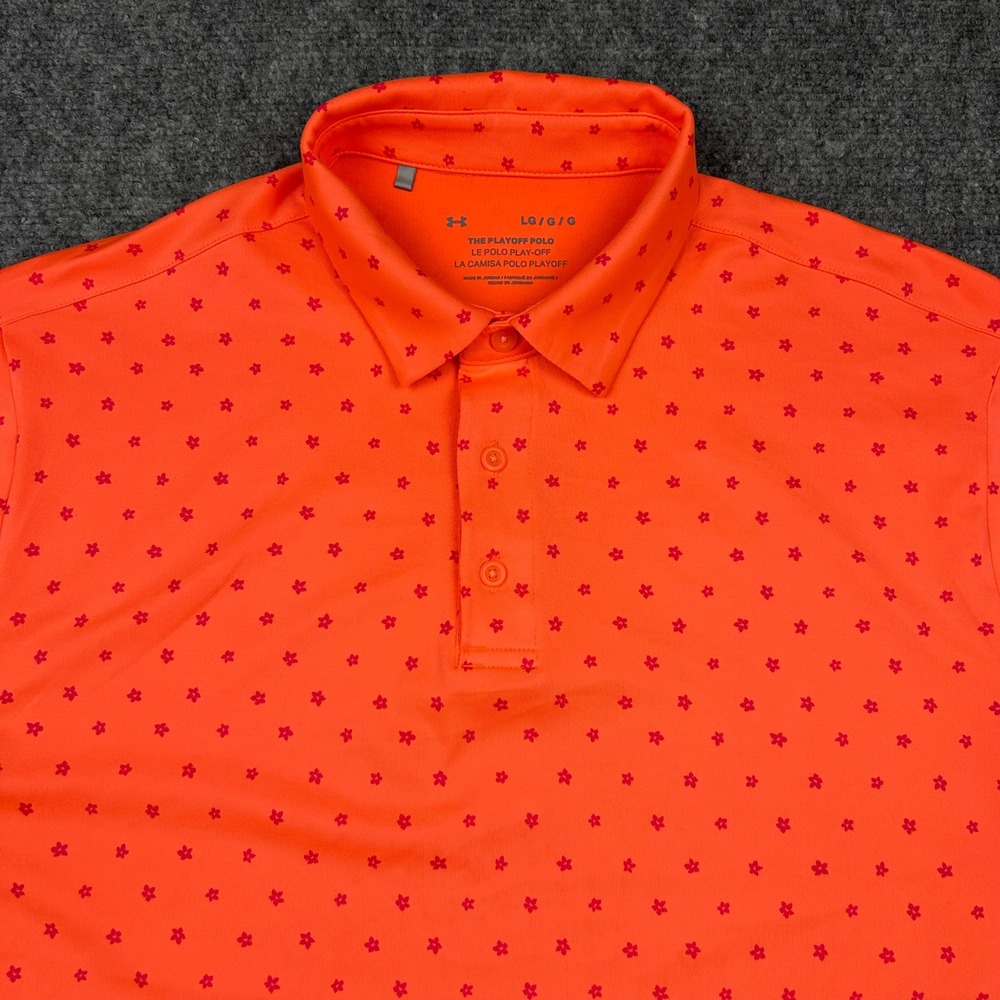 Under Armour Playoff Polo Mens Large Orange Floral Star Print Performance Golf